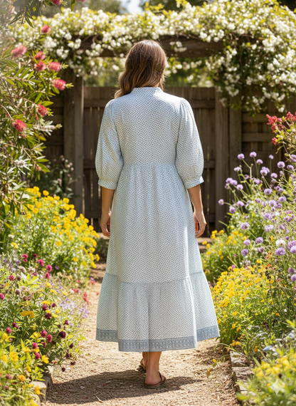 white and blue dotted maxi dress with belt