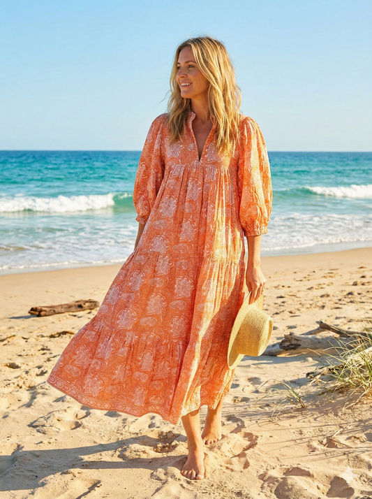 indian cotton orange floral block printed women's maxi dress - V neckline with belt boho dress