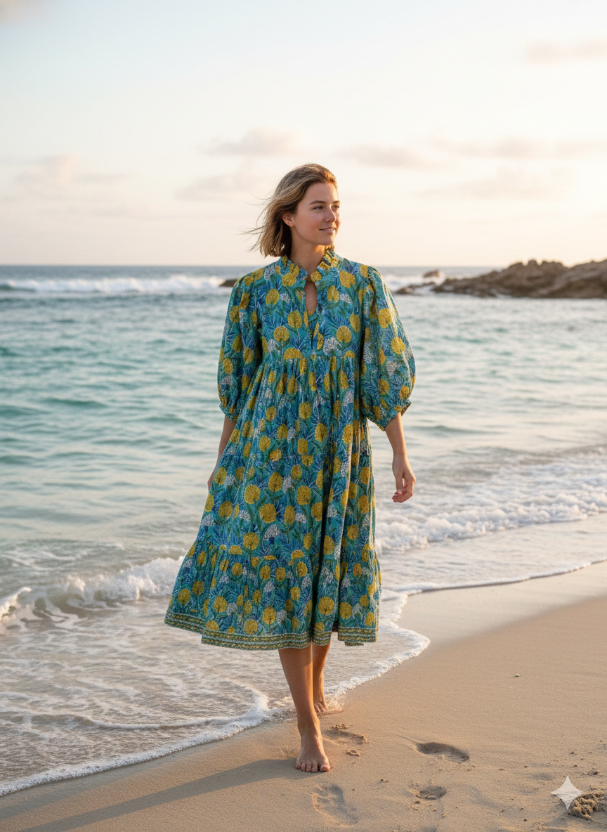 bohemian green-yellow floral block printed women's maxi dress - boho dress with belt