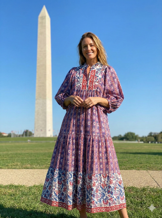 Purple Red Block Print Cotton Midi Dress – Boho Handmade Tiered Dress with Puff Sleeves & Mixed Floral Prints