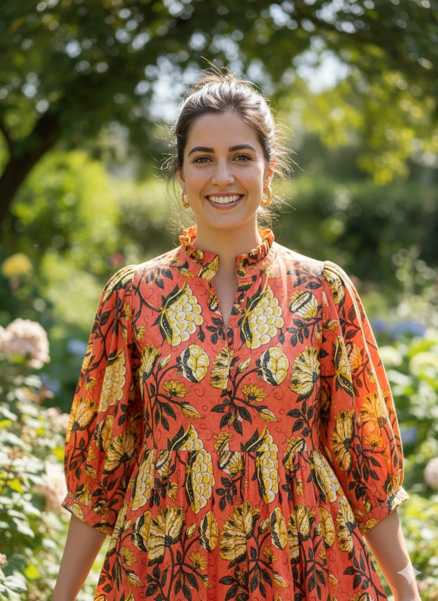 red-yellow floral block printed women's maxi dress - frill collar with belt cotton long dress