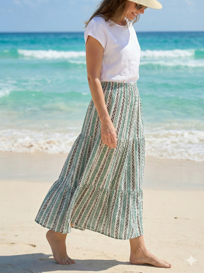 Green White Geometric Block Print Cotton Smocked Dress – Handcrafted Boho Midi Sundress – Free Shipping