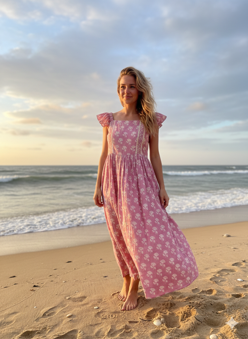 Pretty Pink Floral Cotton Maxi Dress – Frill Strap & Square Neckline – Hand Block Printed Dress
