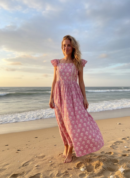 Pretty Pink Floral Cotton Maxi Dress – Frill Strap & Square Neckline – Hand Block Printed Dress