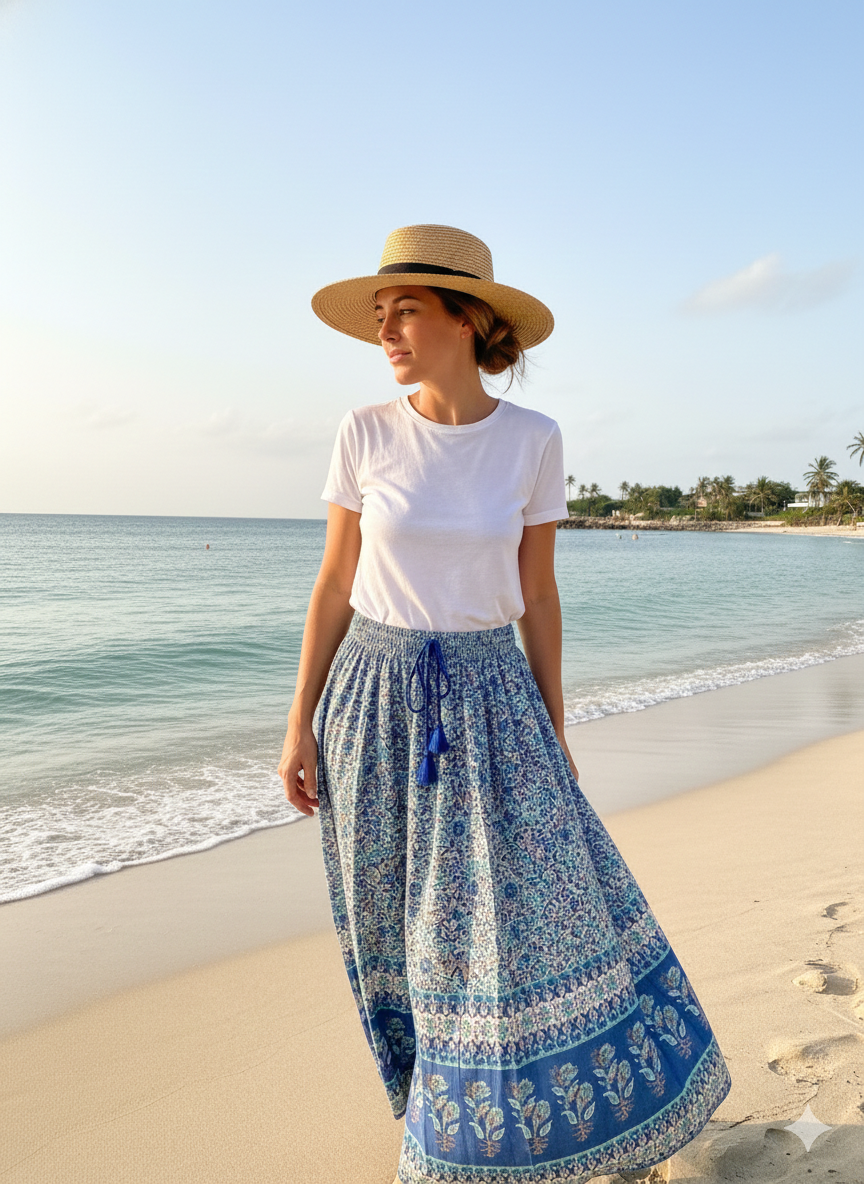 cotton blue floral screen printed women's maxi skirts