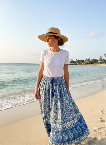 cotton blue floral screen printed women's maxi skirts
