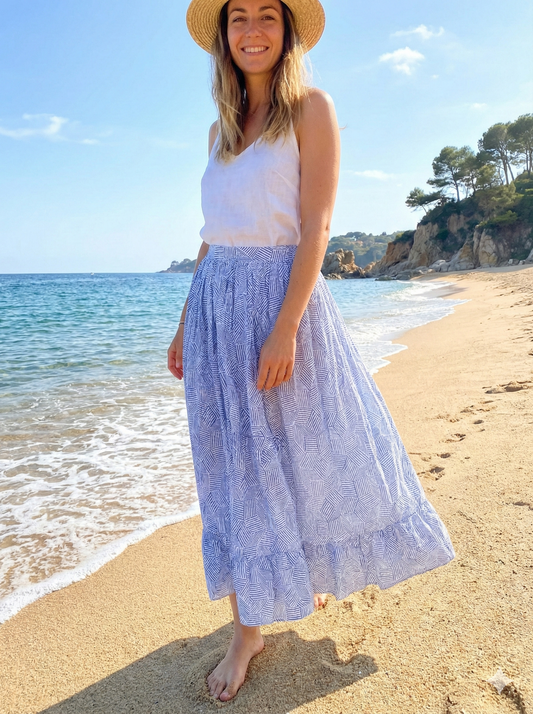 Blue White Geometric Block Print Cotton Smocked Dress – Handcrafted Boho Midi Sundress – Free Shipping