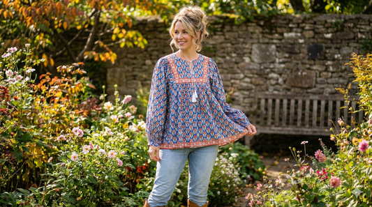 stylish blue red floral hand block printed women's tops and tunics