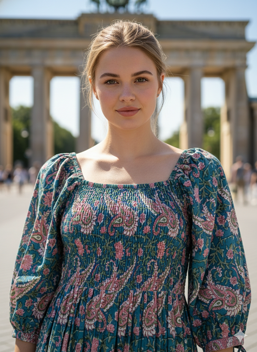 Teal Blue Floral Block Print Cotton Midi Dress – Smocked Puff Sleeve Boho Dress
