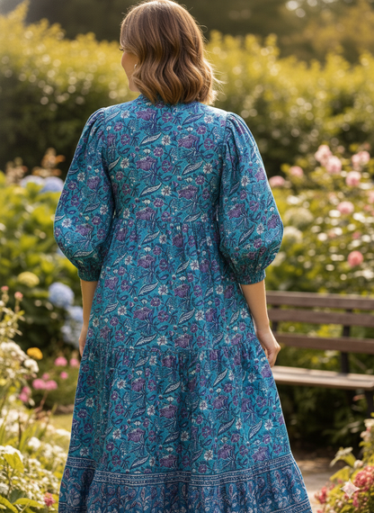 cotton blue-purple floral block printed women's maxi dress - frill collar with belt long maxi dress - 3/4th sleeves boho dress