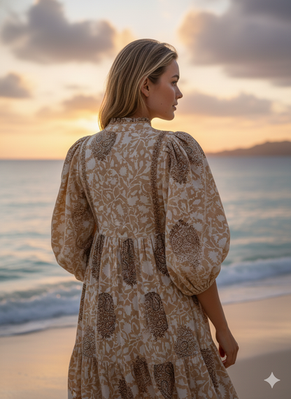 Beige Brown Floral Block Print Cotton Midi Dress – Handcrafted Boho Dress with Puff Sleeves