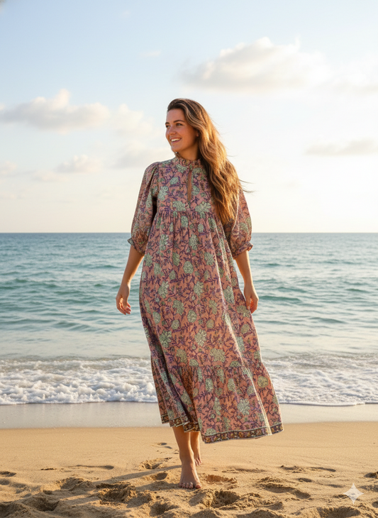 vintage rose gold floral block printed women's maxi dress