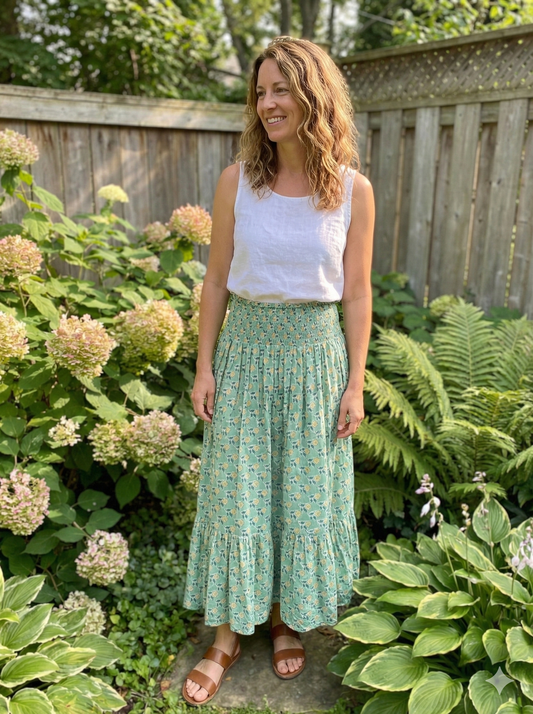 green-yellow small floral pattern printed women's maxi skirts