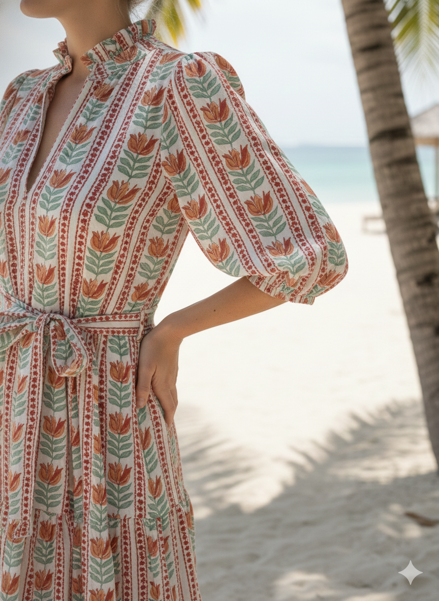 Mint Red Floral Stripe Block Print Cotton Midi Dress – Boho Handmade Tiered Dress with Puff Sleeves