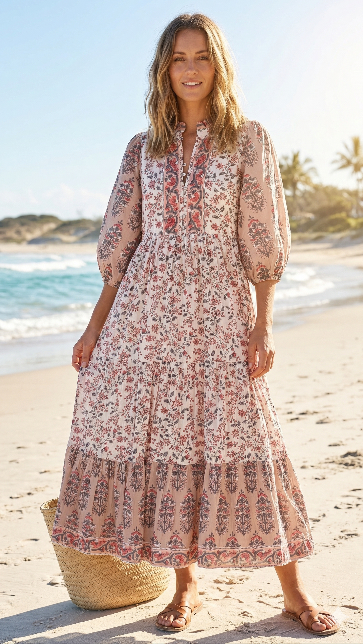 Blush Pink Beige Floral Hand Block Print Cotton Maxi Dress – Boho Tiered Summer Style
