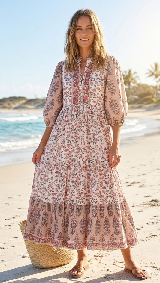 Blush Pink Beige Floral Hand Block Print Cotton Maxi Dress – Boho Tiered Summer Style