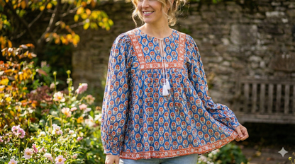 stylish blue red floral hand block printed women's tops and tunics