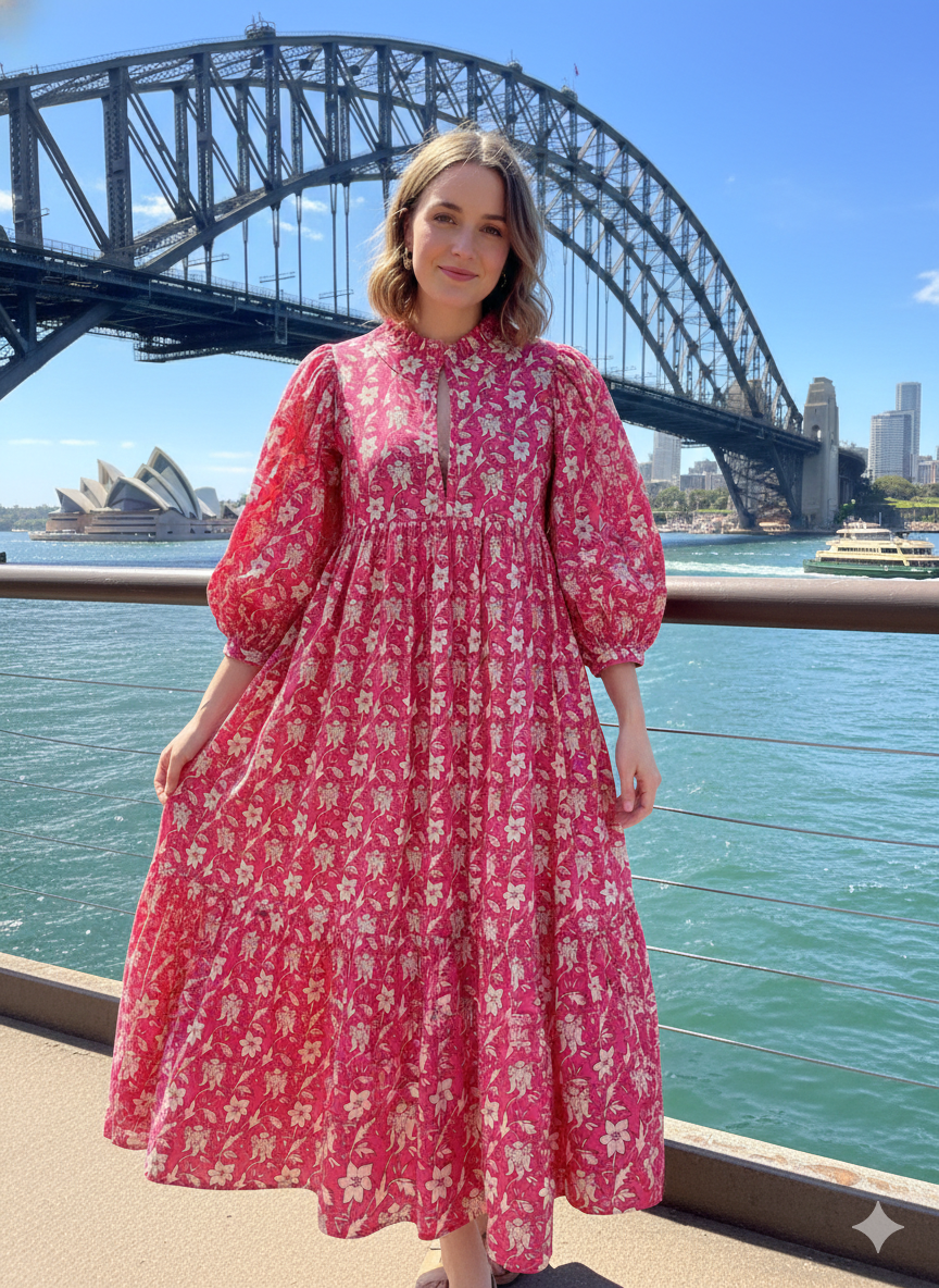cotton red floral hand block printed women's maxi dress