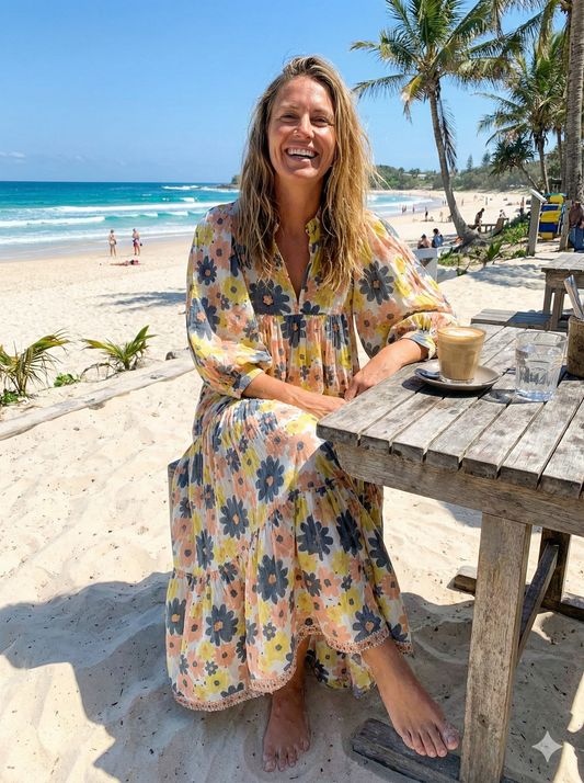 red-blue flower printed women's maxi dress