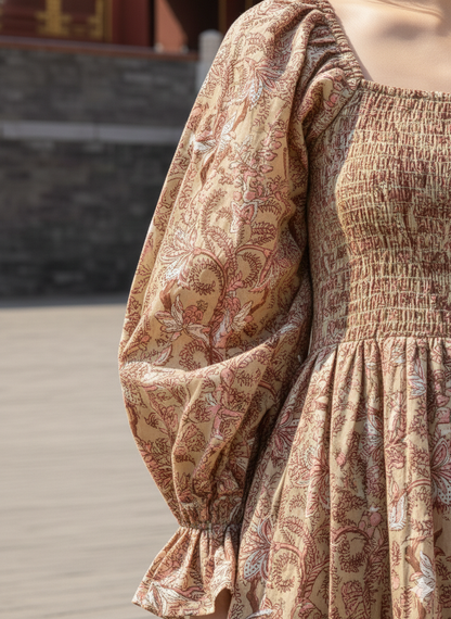 Tan Pink Floral Hand Block Printed Cotton Maxi Dress – Square Neck Bohemian Dress