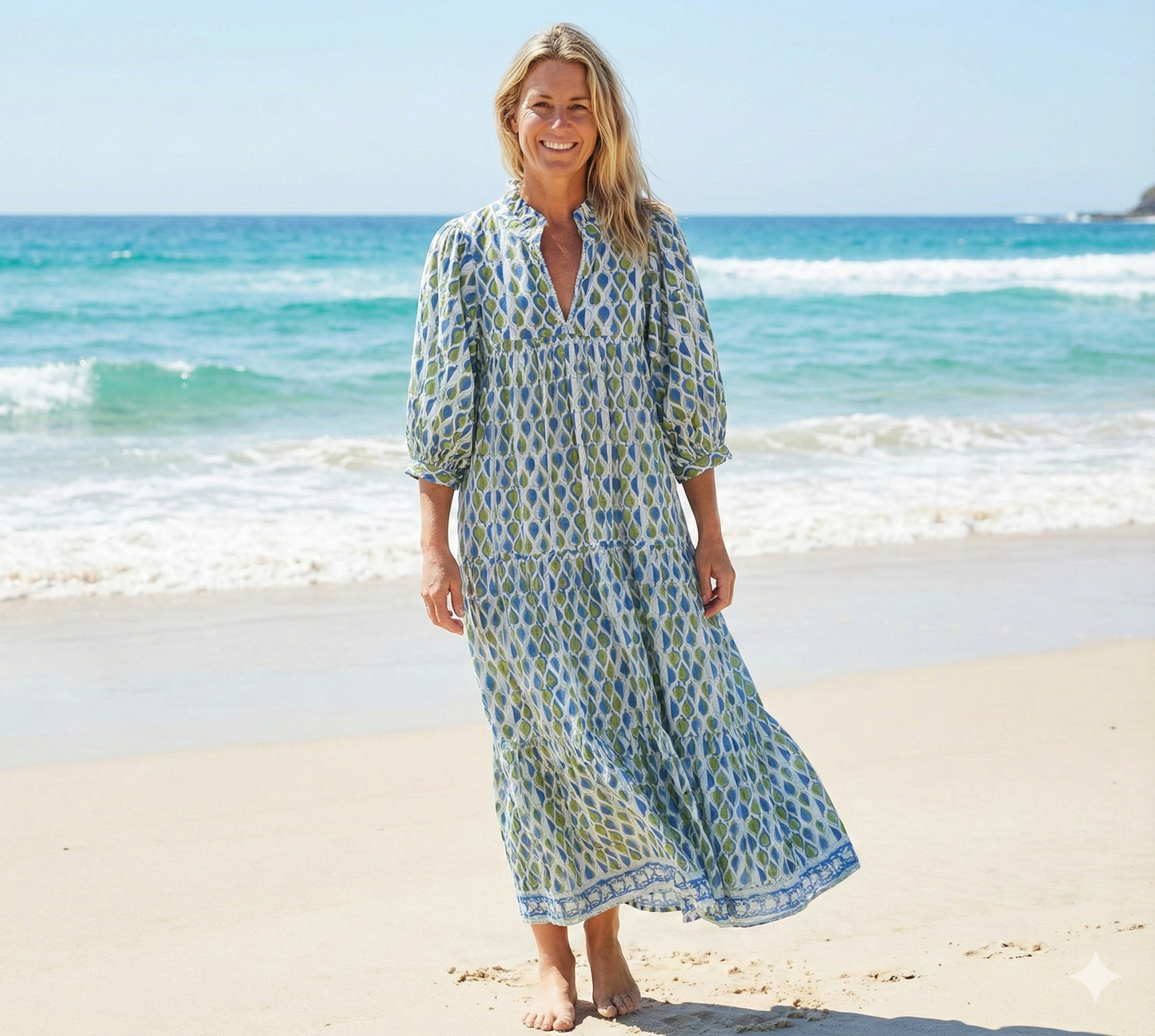 green-blue leaf printed women's long maxi dress