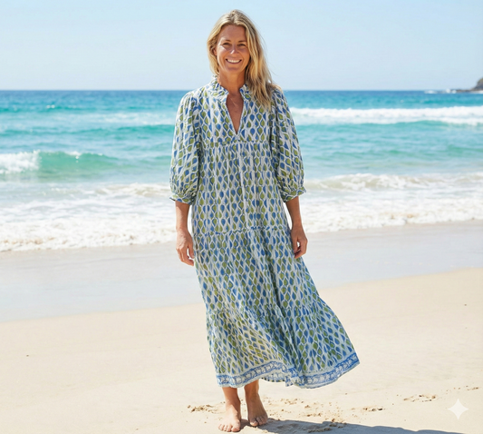 green-blue leaf printed women's long maxi dress