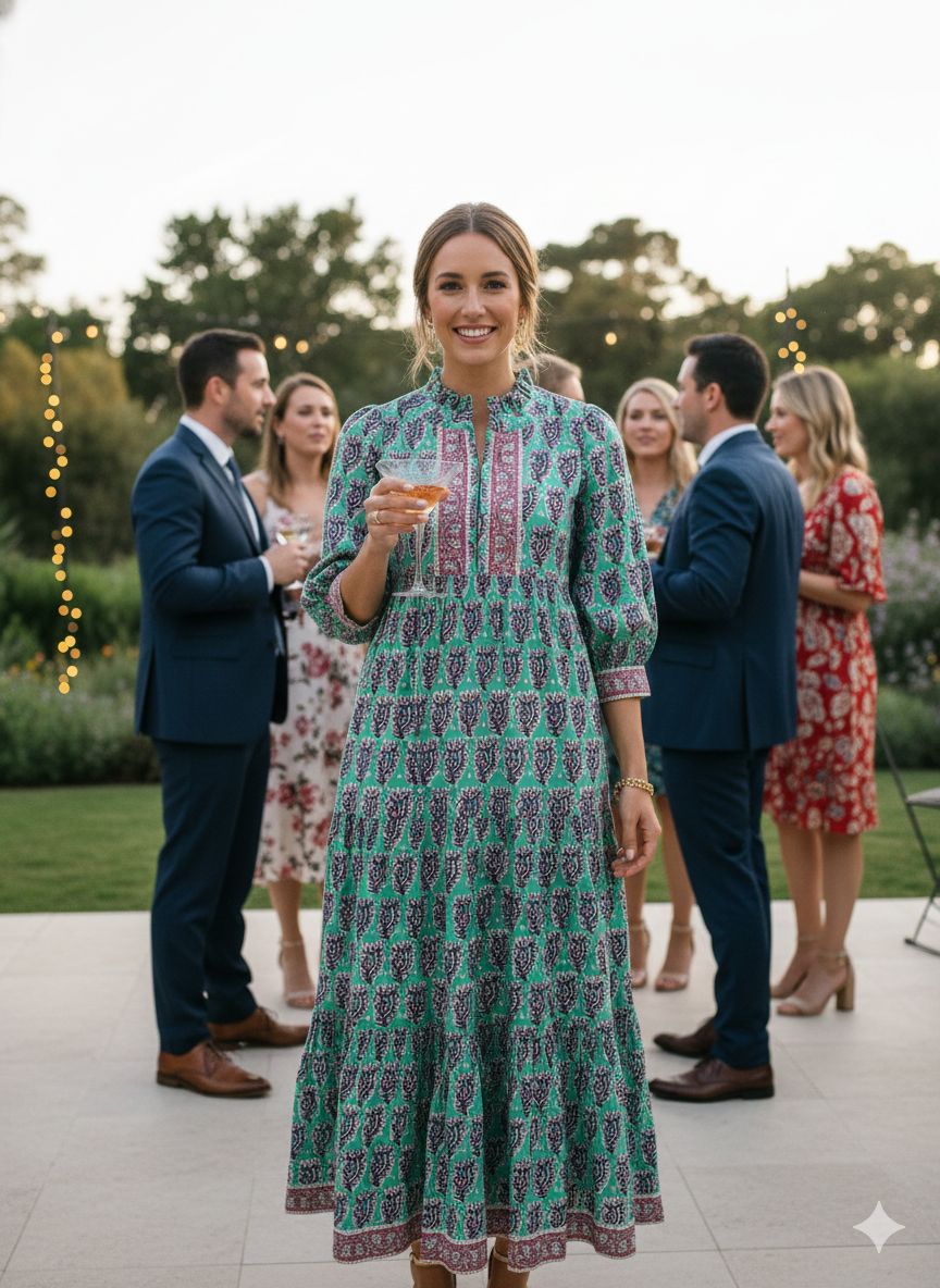 Teal Purple Floral Block Print Cotton Midi Dress – Boho Handmade Tiered Dress with Puff Sleeves & Contrast Yoke