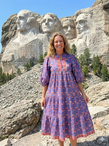 Purple Red Floral Block Print Cotton Midi Dress – Boho Handmade Tiered Dress with Puff Sleeves & Contrast Yoke