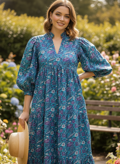cotton blue-purple floral block printed women's maxi dress - frill collar with belt long maxi dress - 3/4th sleeves boho dress