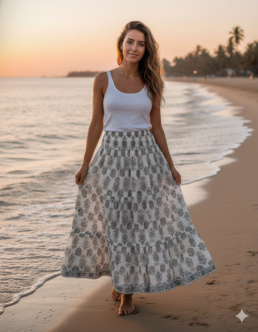 White Grey Floral Block Print Cotton Smocked Dress – Handcrafted Boho Midi Sundress