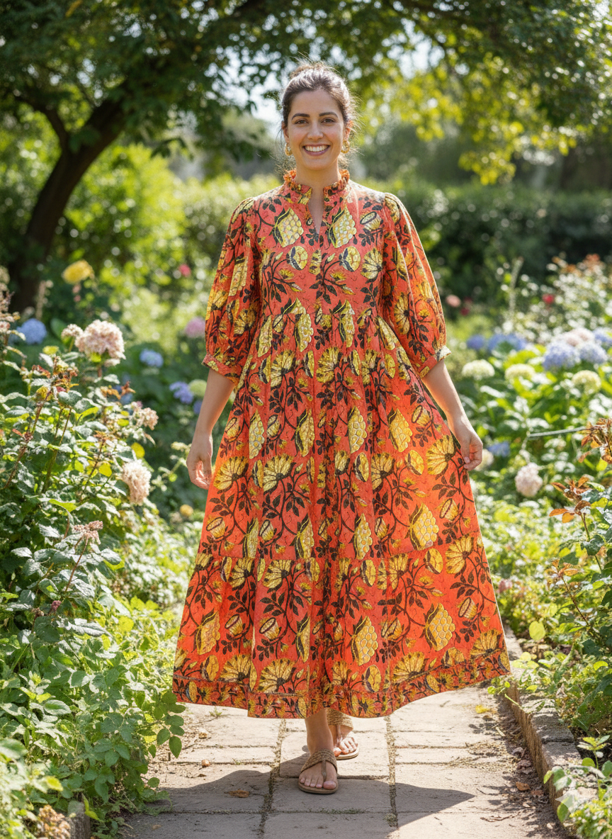 red-yellow floral block printed women's maxi dress - frill collar with belt cotton long dress