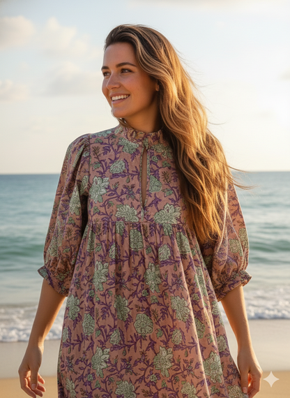 vintage rose gold floral block printed women's maxi dress