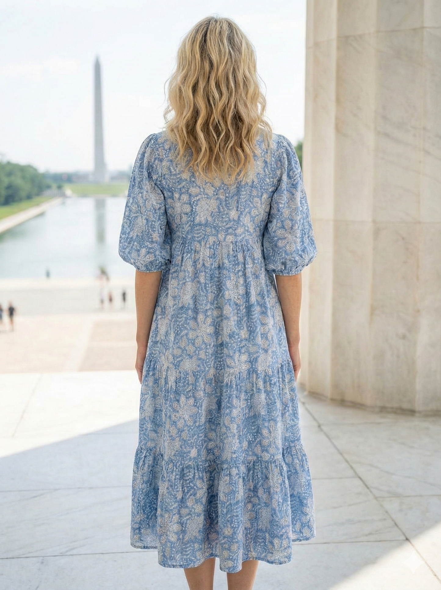 Light Blue Floral Block Print Cotton Midi Dress – Boho Indian Handmade Tiered Dress with Puffy Sleeves