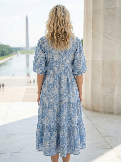 Light Blue Floral Block Print Cotton Midi Dress – Boho Indian Handmade Tiered Dress with Puffy Sleeves