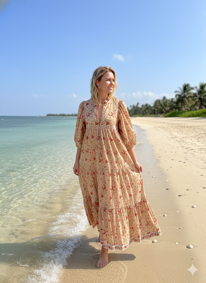 formal orange-red floral hand block printed women's maxi dress