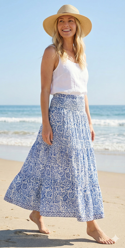 White Blue Floral Block Print Cotton Smocked Dress – Handcrafted Boho Midi Sundress