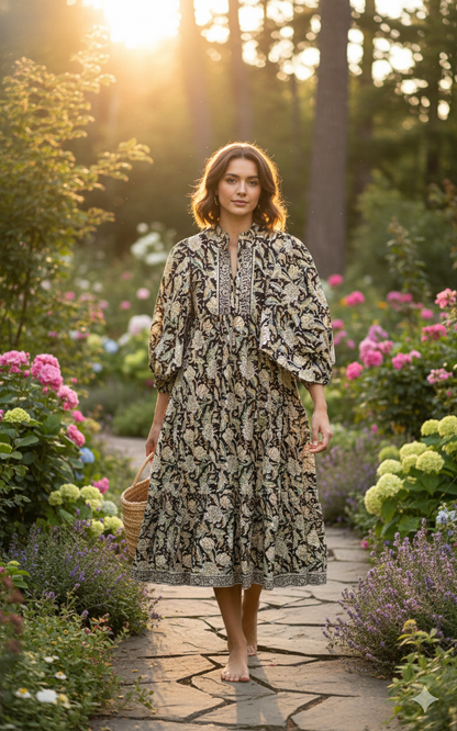 Black Beige Floral Block Print Cotton Midi Dress – Boho Handmade Tiered Dress with Puff Sleeves & Contrast Yoke