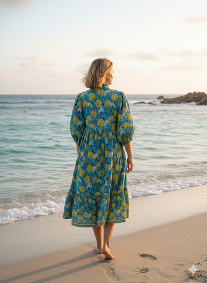 bohemian green-yellow floral block printed women's maxi dress - boho dress with belt