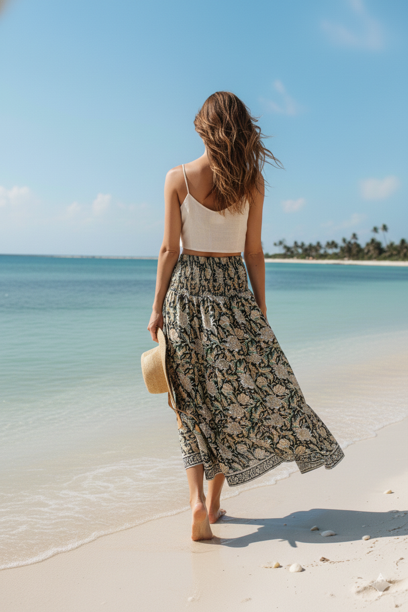 Black Beige Floral Block Print Cotton Smocked Dress – Handcrafted Boho Midi Sundress – Free Shipping