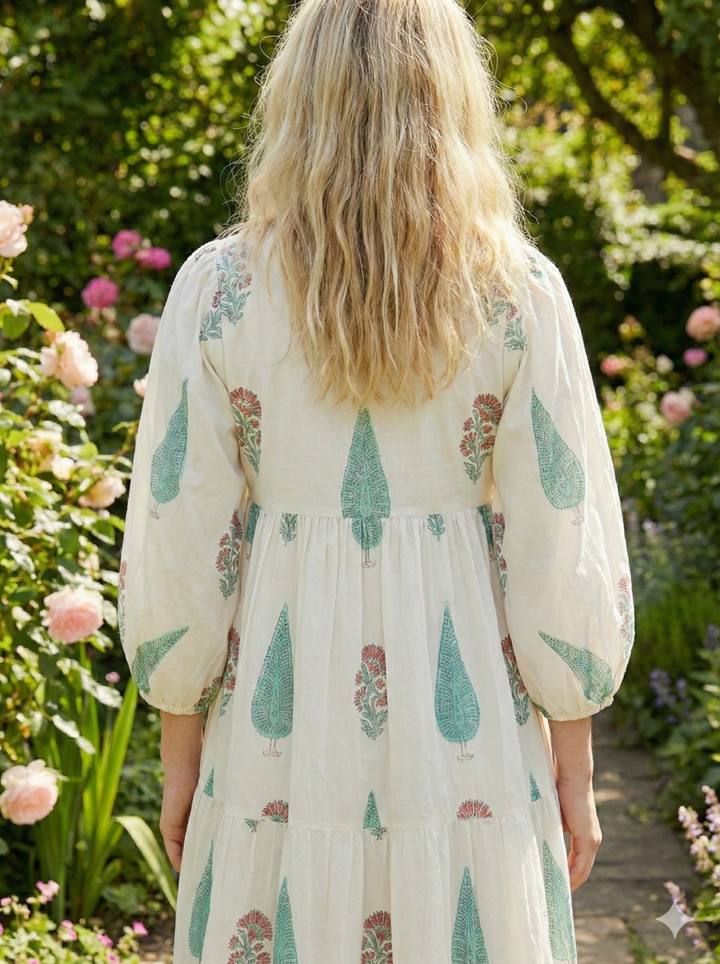 Ivory Green Floral Block Print Cotton Midi Dress – Boho Handmade Tiered Dress with Puff Sleeves & Contrast Red Yoke