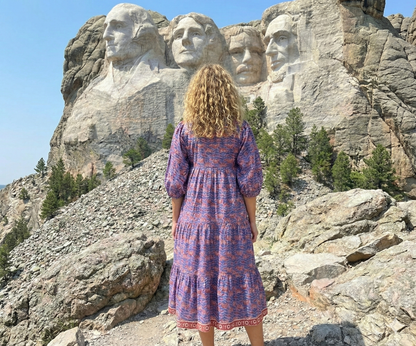 Purple Red Floral Block Print Cotton Midi Dress – Boho Handmade Tiered Dress with Puff Sleeves & Contrast Yoke