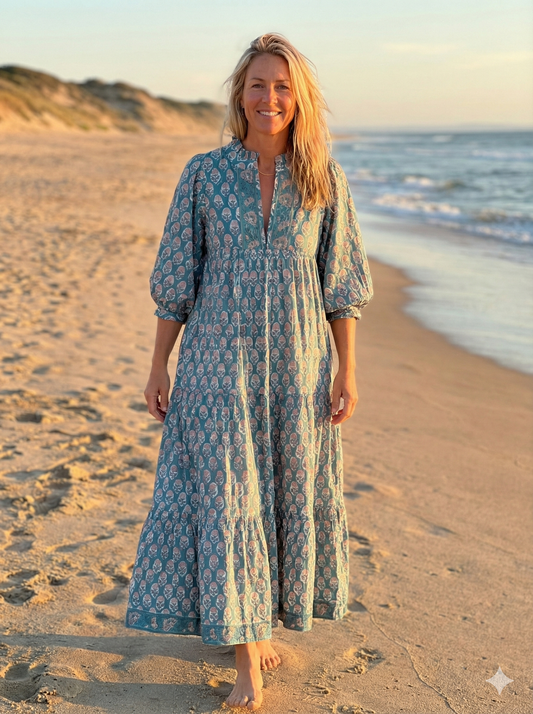 Teal Pink Floral Block Print Cotton Midi Dress – Boho Handmade Tiered Dress with Puff Sleeves