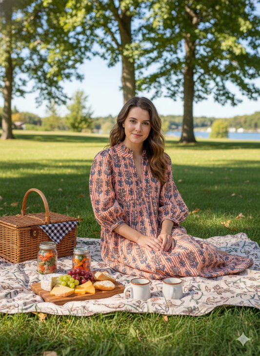 Peach & Indigo Striped Hand Block Printed Cotton Midi Dress – Boho Puff Sleeve Floral Dress