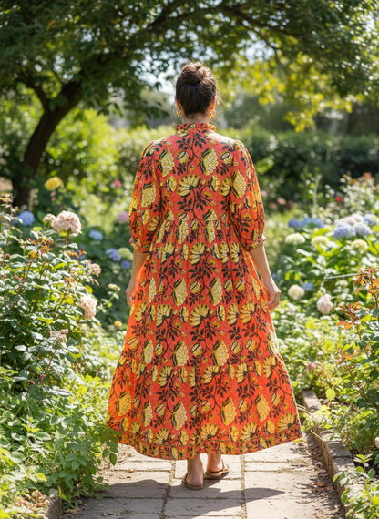 red-yellow floral block printed women's maxi dress - frill collar with belt cotton long dress