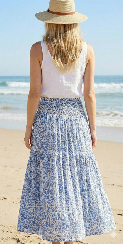 White Blue Floral Block Print Cotton Smocked Dress – Handcrafted Boho Midi Sundress