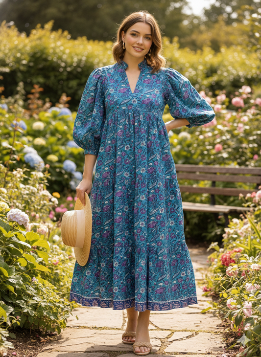 cotton blue-purple floral block printed women's maxi dress - frill collar with belt long maxi dress - 3/4th sleeves boho dress