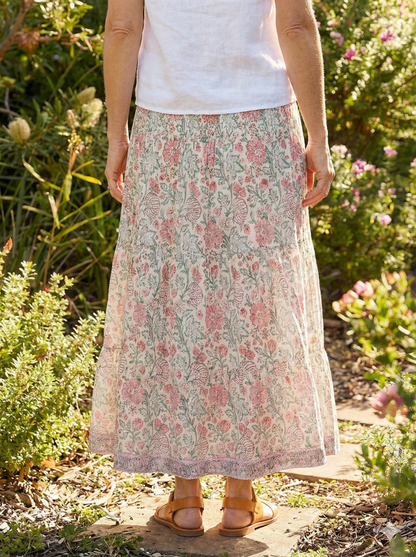 Pink Green Floral Block Print Cotton Smocked Dress – Handcrafted Boho Midi Sundress – Free Shipping