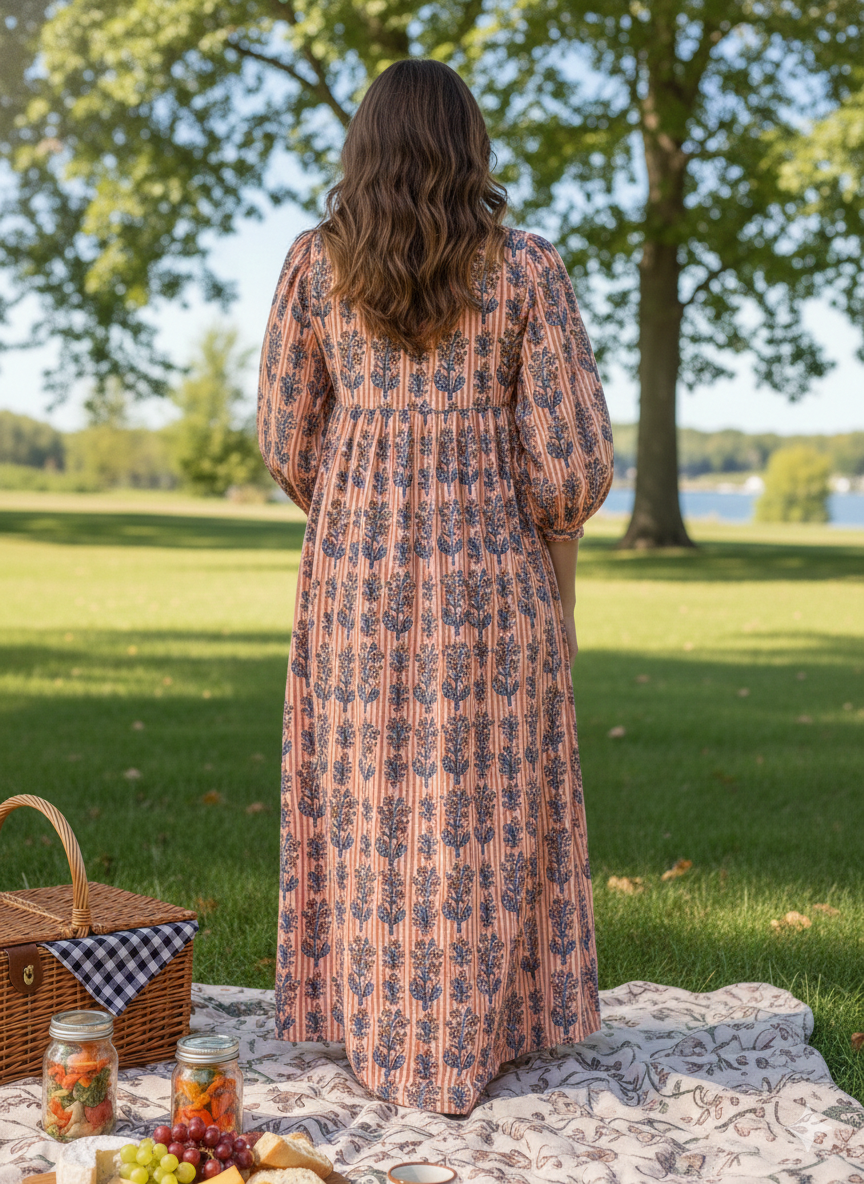 Peach & Indigo Striped Hand Block Printed Cotton Midi Dress – Boho Puff Sleeve Floral Dress