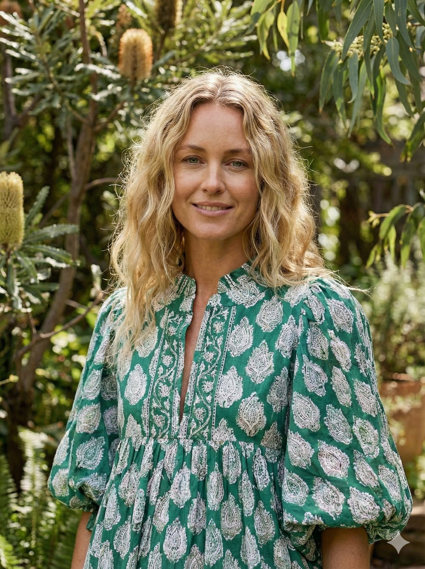 Green White Leaf Block Print Cotton Dress – Handcrafted Boho Midi Dress with Puff Sleeves – Free Shipping