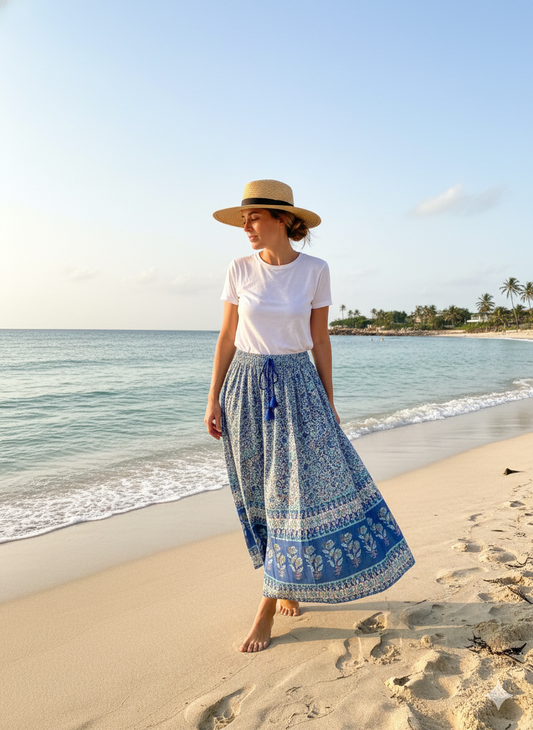 cotton blue floral screen printed women's maxi skirts